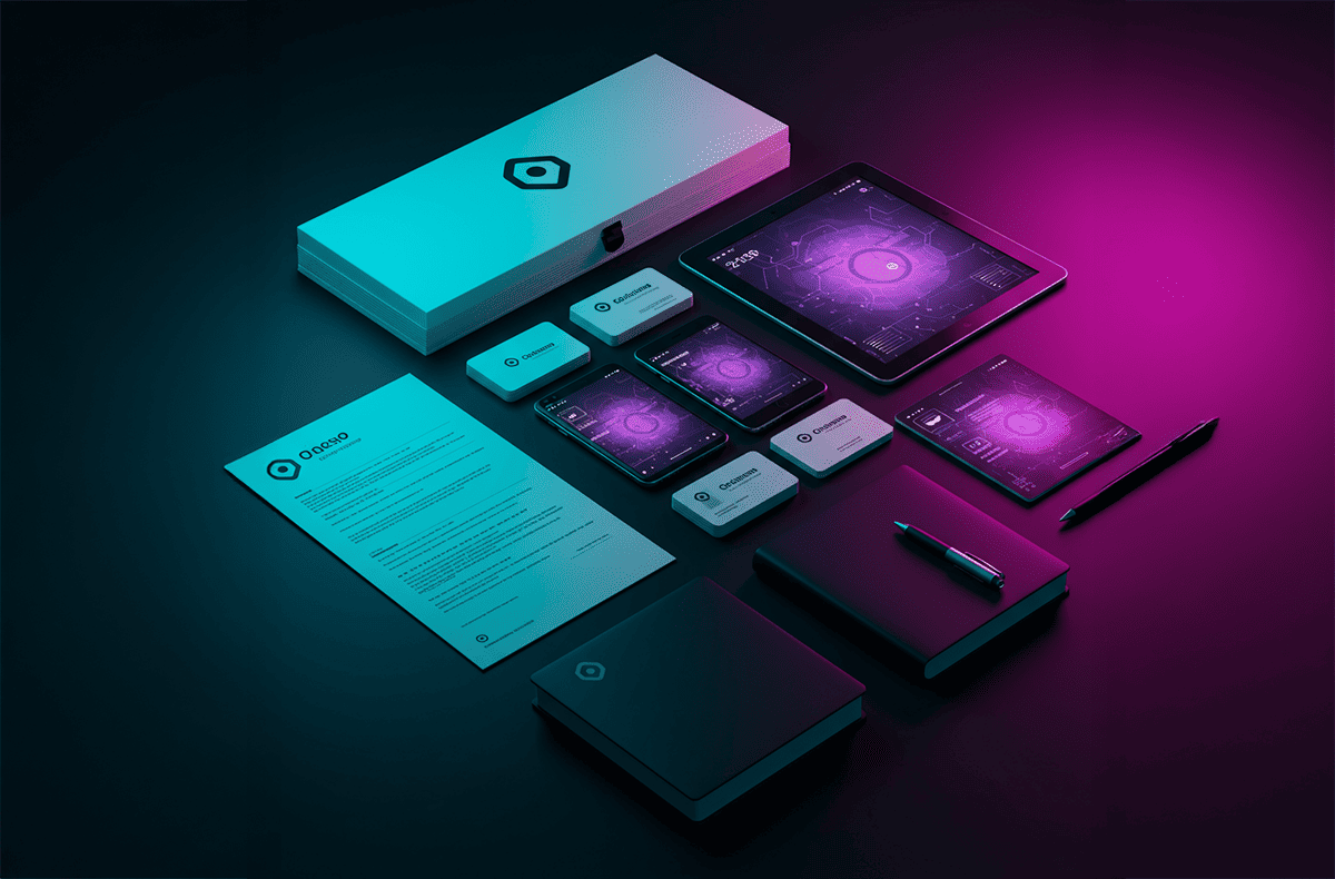 Kit de identidad visual con tablet, smartphones, tarjetas y papelería en estilo neón cian y magenta para marca tecnológica