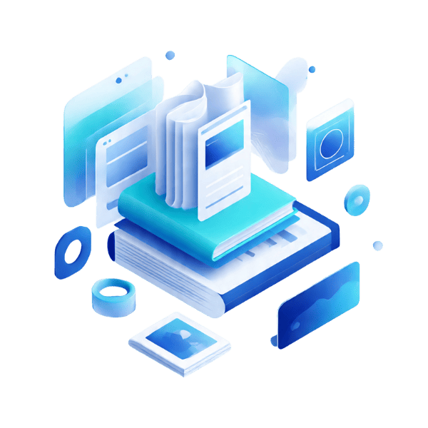 Ilustración 3D de un libro y pantallas digitales que simbolizan creación y gestión de contenidos en línea