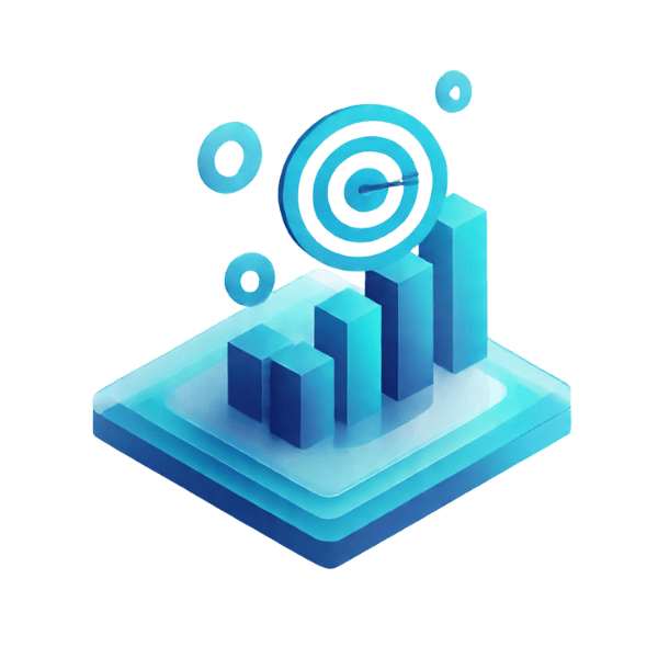 Gráfico de barras en 3D con objetivo y flecha que simboliza crecimiento y precisión en estrategias digitales
