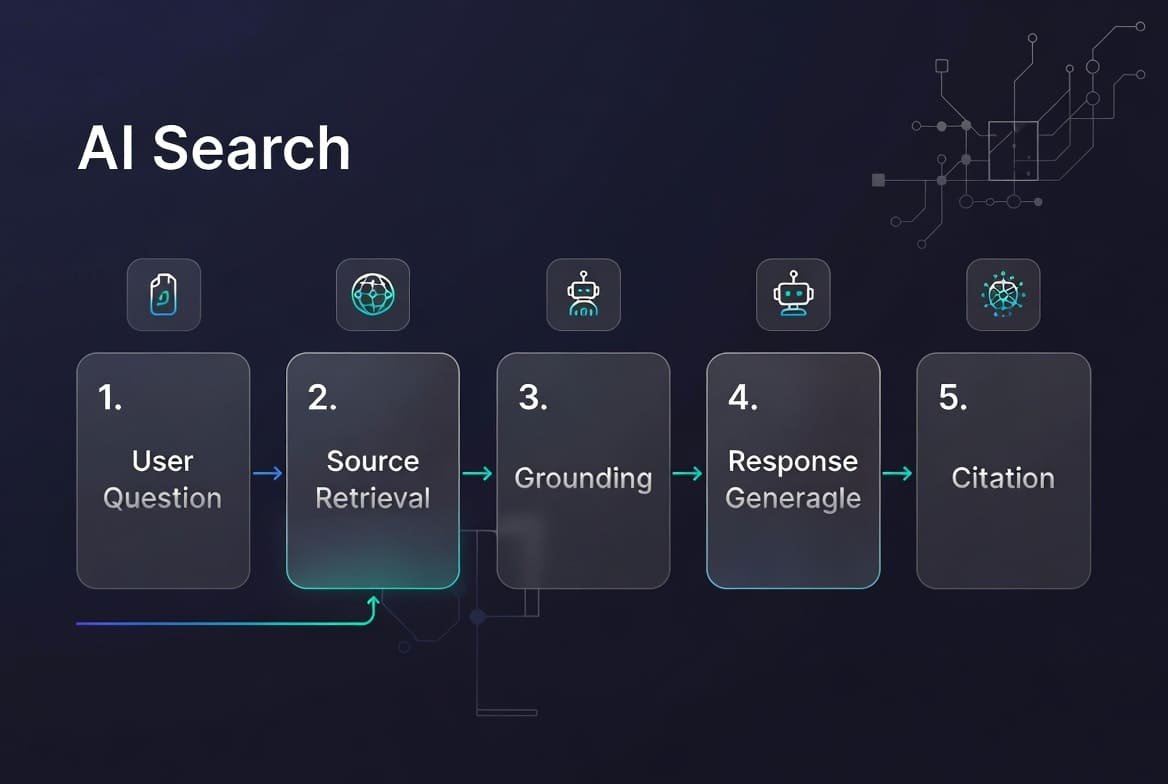 Diagrama: cómo funciona la búsqueda con IA del prompt a la citación (LLM SEO y GEO)