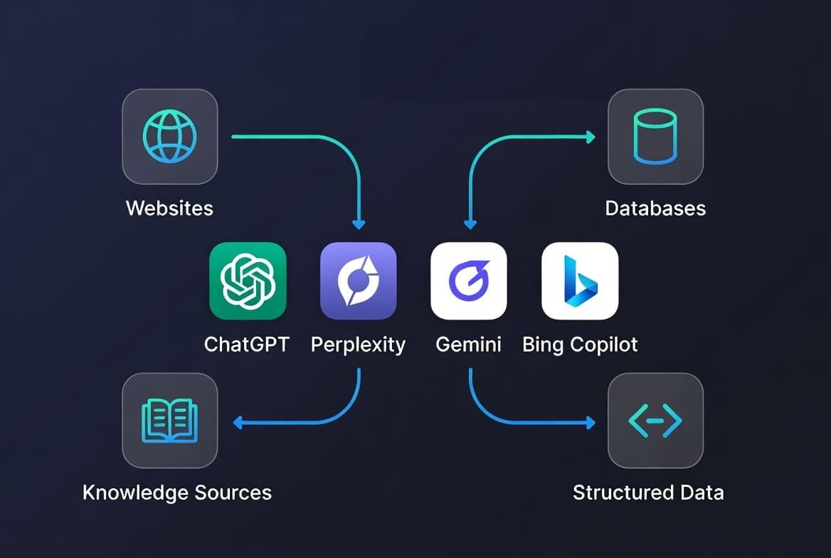 Ecosistema de búsqueda con IA: cómo los LLMs obtienen información (ChatGPT, Gemini, Perplexity, Copilot)